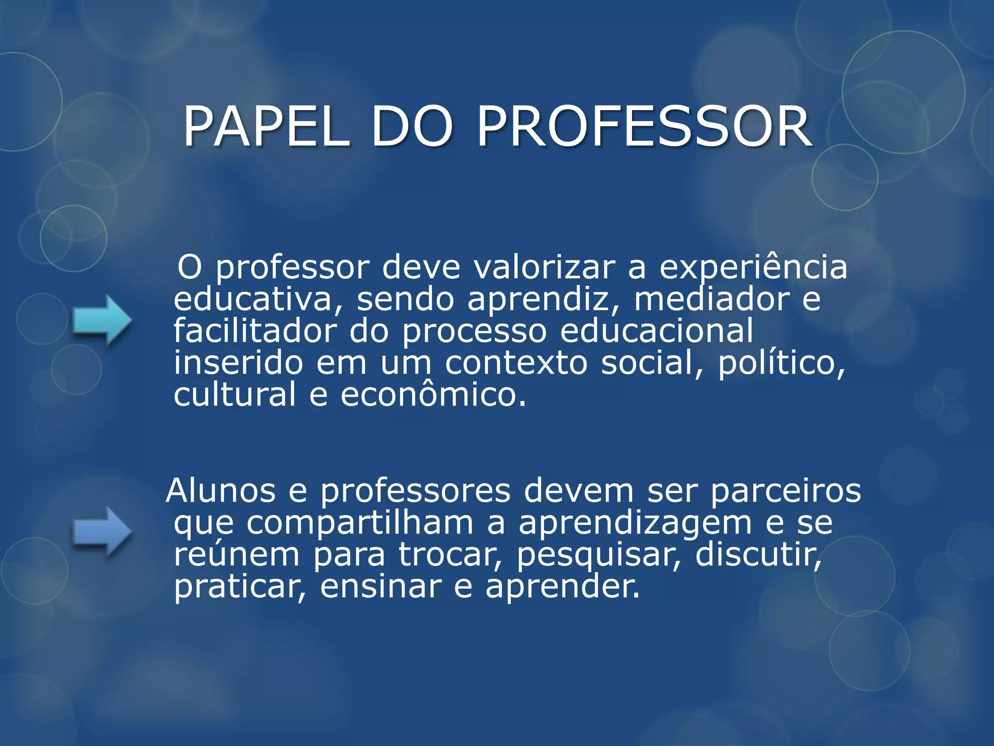 PAPEL DO PROFESSOR

O professor deve valorizar a experiência
educativa, sendo aprendiz, mediador e
facilitador do processo educacional
inserido em um contexto social, político,
cultural e econômico.

Alunos e professores devem ser parceiros
que compartilham a aprendizagem e se
reúnem para trocar, pesquisar, discutir,
praticar, ensinar e aprender.
 