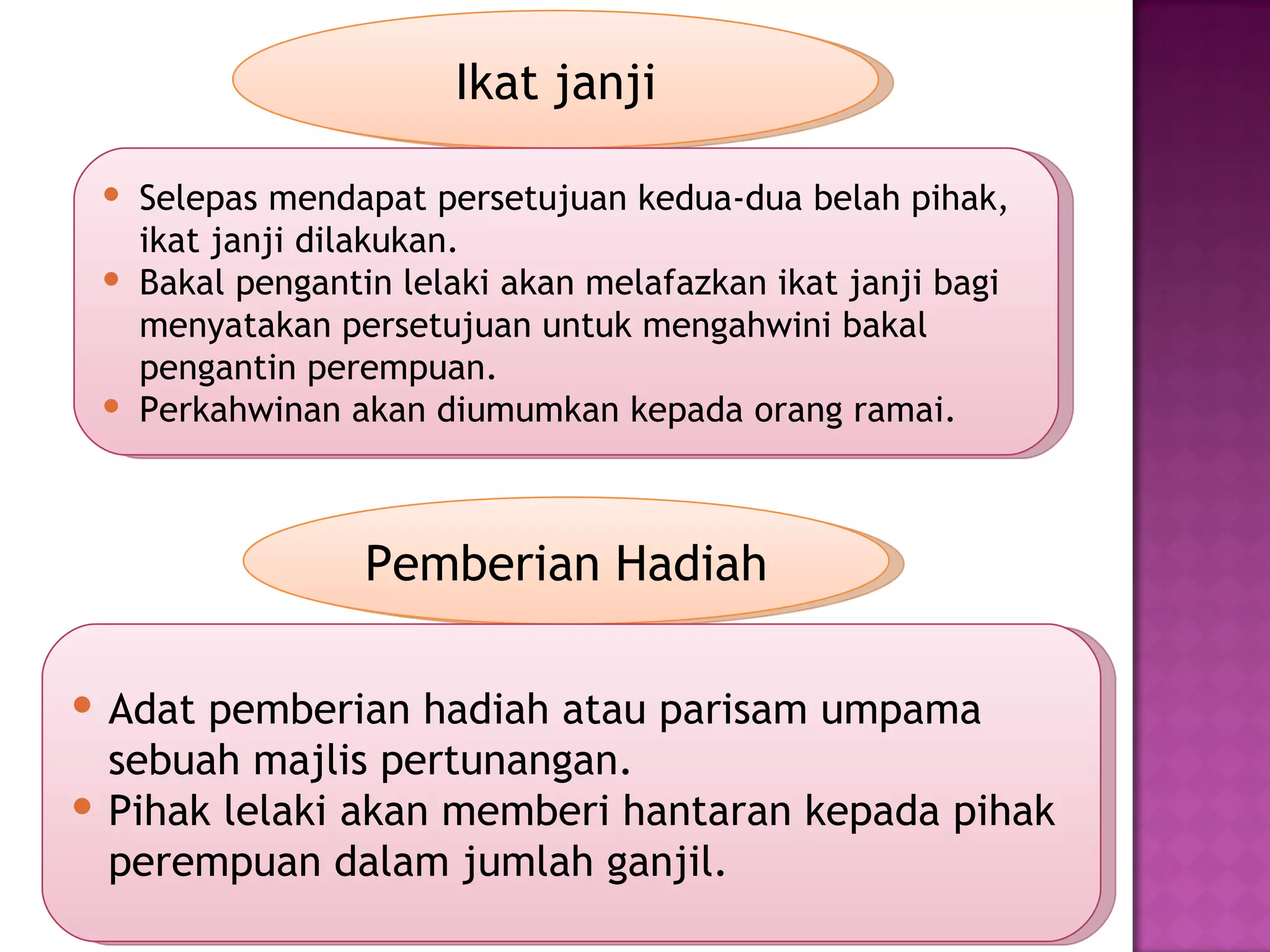 Ikat janji

  Selepas mendapat persetujuan kedua-dua belah pihak,
   ikat janji dilakukan.
  Bakal pengantin lelaki akan melafazkan ikat janji bagi
   menyatakan persetujuan untuk mengahwini bakal
   pengantin perempuan.
  Perkahwinan akan diumumkan kepada orang ramai.



                 Pemberian Hadiah

 Adat pemberian hadiah atau parisam umpama
  sebuah majlis pertunangan.
 Pihak lelaki akan memberi hantaran kepada pihak
  perempuan dalam jumlah ganjil.
 