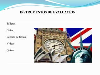 INSTRUMENTOS DE EVALUACION


Talleres.

Guías.

Lectura de textos.

Vídeos.

Quizes.
 