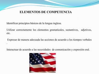 ELEMENTOS DE COMPETENCIA


Identificar principios básicos de la lengua inglesa.

Utilizar correctamente los elementos gramaticales, sustantivos, adjetivos,
etc.

    Expresar de manera adecuada las acciones de acuerdo a los tiempos verbales
.

Interactuar de acuerdo a las necesidades de comunicación y expresión oral.
 