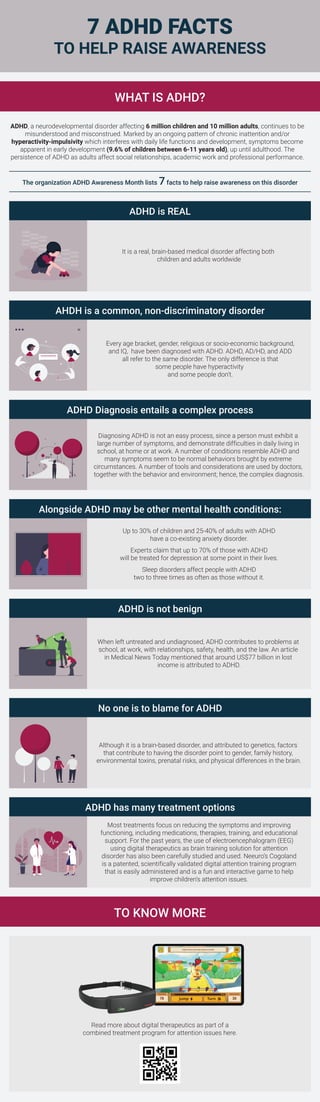 7 ADHD FACTS
TO HELP RAISE AWARENESS
WHAT IS ADHD?
The organization ADHD Awareness Month lists 7facts to help raise awareness on this disorder
ADHD, a neurodevelopmental disorder affecting 6 million children and 10 million adults, continues to be
misunderstood and misconstrued. Marked by an ongoing pattern of chronic inattention and/or
hyperactivity-impulsivity which interferes with daily life functions and development, symptoms become
apparent in early development (9.6% of children between 6-11 years old), up until adulthood. The
persistence of ADHD as adults affect social relationships, academic work and professional performance.
ADHD is REAL
It is a real, brain-based medical disorder affecting both
children and adults worldwide
AHDH is a common, non-discriminatory disorder
Every age bracket, gender, religious or socio-economic background,
and IQ, have been diagnosed with ADHD. ADHD, AD/HD, and ADD
all refer to the same disorder. The only difference is that
some people have hyperactivity
and some people don’t.
ADHD Diagnosis entails a complex process
Diagnosing ADHD is not an easy process, since a person must exhibit a
large number of symptoms, and demonstrate difficulties in daily living in
school, at home or at work. A number of conditions resemble ADHD and
many symptoms seem to be normal behaviors brought by extreme
circumstances. A number of tools and considerations are used by doctors,
together with the behavior and environment; hence, the complex diagnosis.
Alongside ADHD may be other mental health conditions:
Up to 30% of children and 25-40% of adults with ADHD
have a co-existing anxiety disorder.
Experts claim that up to 70% of those with ADHD
will be treated for depression at some point in their lives.
Sleep disorders affect people with ADHD
two to three times as often as those without it.
ADHD is not benign
When left untreated and undiagnosed, ADHD contributes to problems at
school, at work, with relationships, safety, health, and the law. An article
in Medical News Today mentioned that around US$77 billion in lost
income is attributed to ADHD.
No one is to blame for ADHD
Although it is a brain-based disorder, and attributed to genetics, factors
that contribute to having the disorder point to gender, family history,
environmental toxins, prenatal risks, and physical differences in the brain.
ADHD has many treatment options
Most treatments focus on reducing the symptoms and improving
functioning, including medications, therapies, training, and educational
support. For the past years, the use of electroencephalogram (EEG)
using digital therapeutics as brain training solution for attention
disorder has also been carefully studied and used. Neeuro’s Cogoland
is a patented, scientifically validated digital attention training program
that is easily administered and is a fun and interactive game to help
improve children’s attention issues.
TO KNOW MORE
Read more about digital therapeutics as part of a
combined treatment program for attention issues here.
 