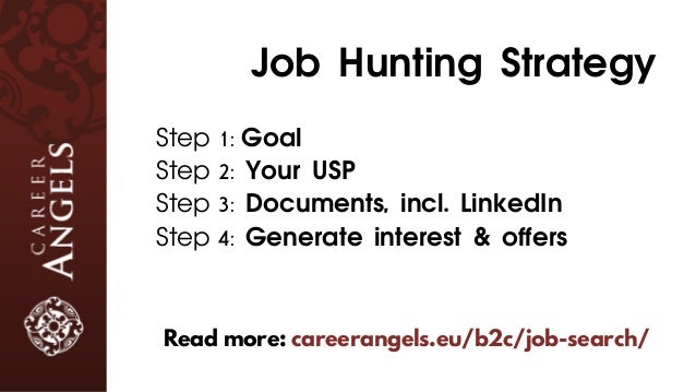 Job Hunting Strategy
Step 1: Goal
Step 2: Your USP
Step 3: Documents, incl. LinkedIn
Step 4: Generate interest & offers
Re...