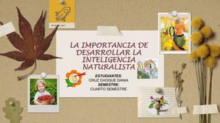 LA IMPORTANCIA DE
DESARROLLAR LA
INTELIGENCIA
NATURALISTA
ESTUDIANTES:
CRUZ CHOQUE DANIA
SEMESTRE:
CUARTO SEMESTRE
 