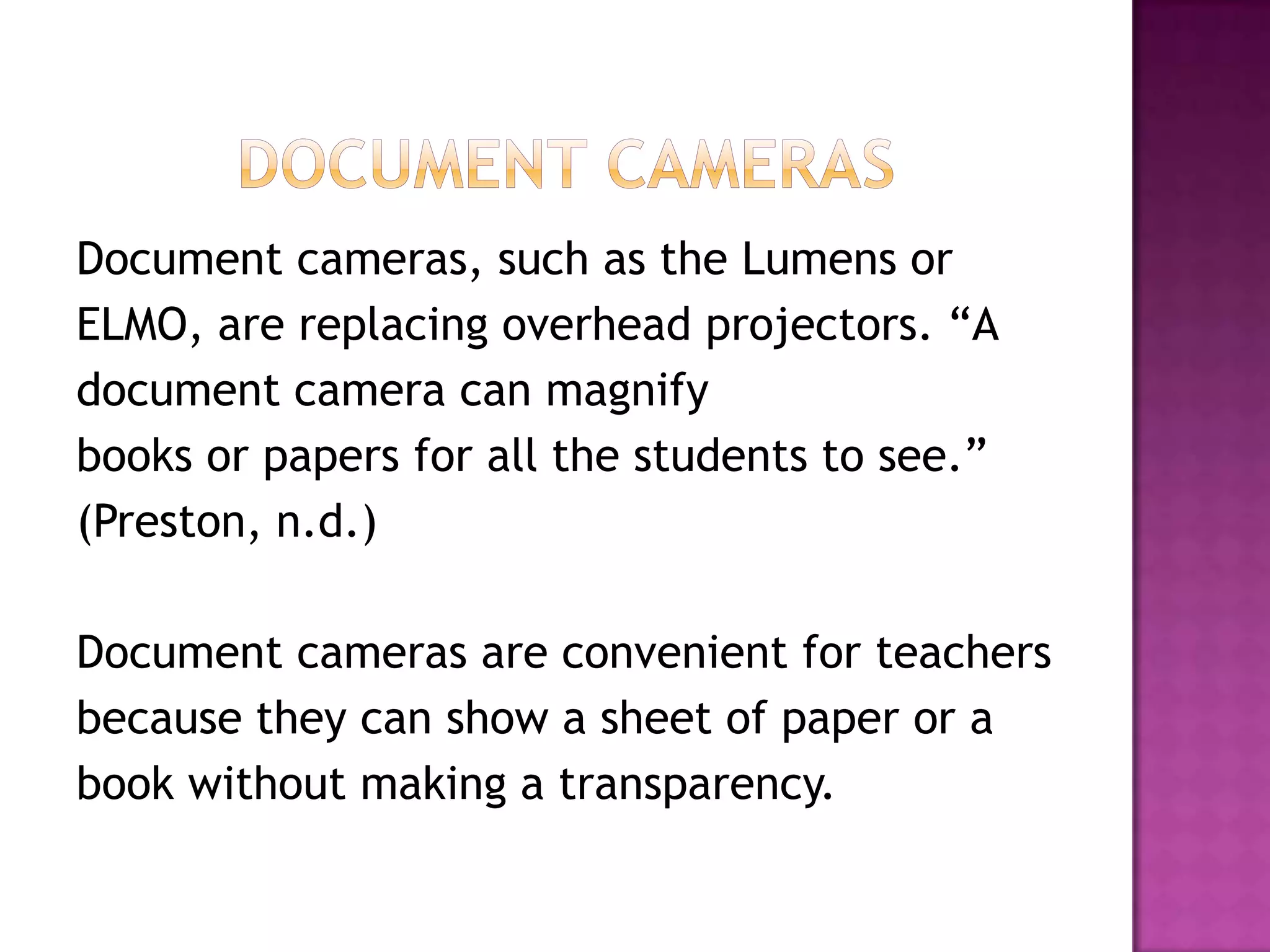 ComputersComputers can be used in a variety of ways inthe classroom.  Using them is a good way toget the students excited about learning.  Thestudents can use it in a variety of ways, suchas:Using word processing software to type stories they have written.Playing educational-related games to reinforce skills.Using the Internet for research.Allowing the students to work in pairs on the computer is alsosomething that teachers should consider.  This increasesstudent involvement and they are able to practicecooperative learning.
