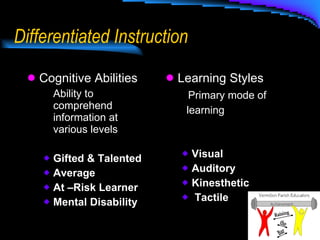 Differentiated Instruction Cognitive Abilities Ability to comprehend information at various levels Gifted & Talented Average At –Risk Learner Mental Disability  Learning Styles   Primary mode of  learning Visual Auditory Kinesthetic  Tactile 
