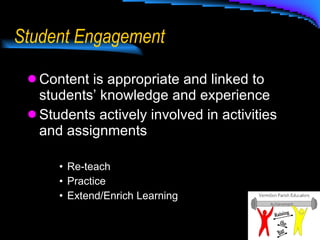 Student Engagement Content is appropriate and linked to students’ knowledge and experience Students actively involved in activities and assignments Re-teach Practice Extend/Enrich Learning 