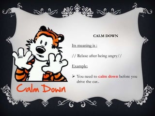 CALM DOWN
Its meaning is :
// Relaxe after being angry//
Example:
 You need to calm down before you
drive the car..
 