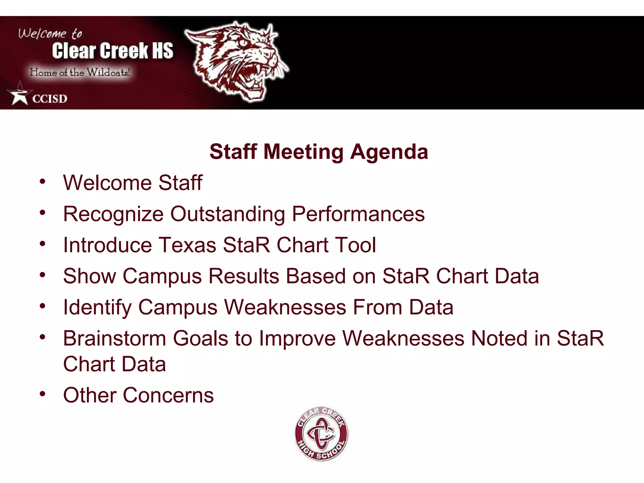 Staff Meeting Agenda   Welcome Staff Recognize Outstanding Performances Introduce Texas StaR Chart Tool  Show Campus Results Based on StaR Chart Data Identify Campus Weaknesses From Data Brainstorm Goals to Improve Weaknesses Noted in StaR Chart Data  Other Concerns  