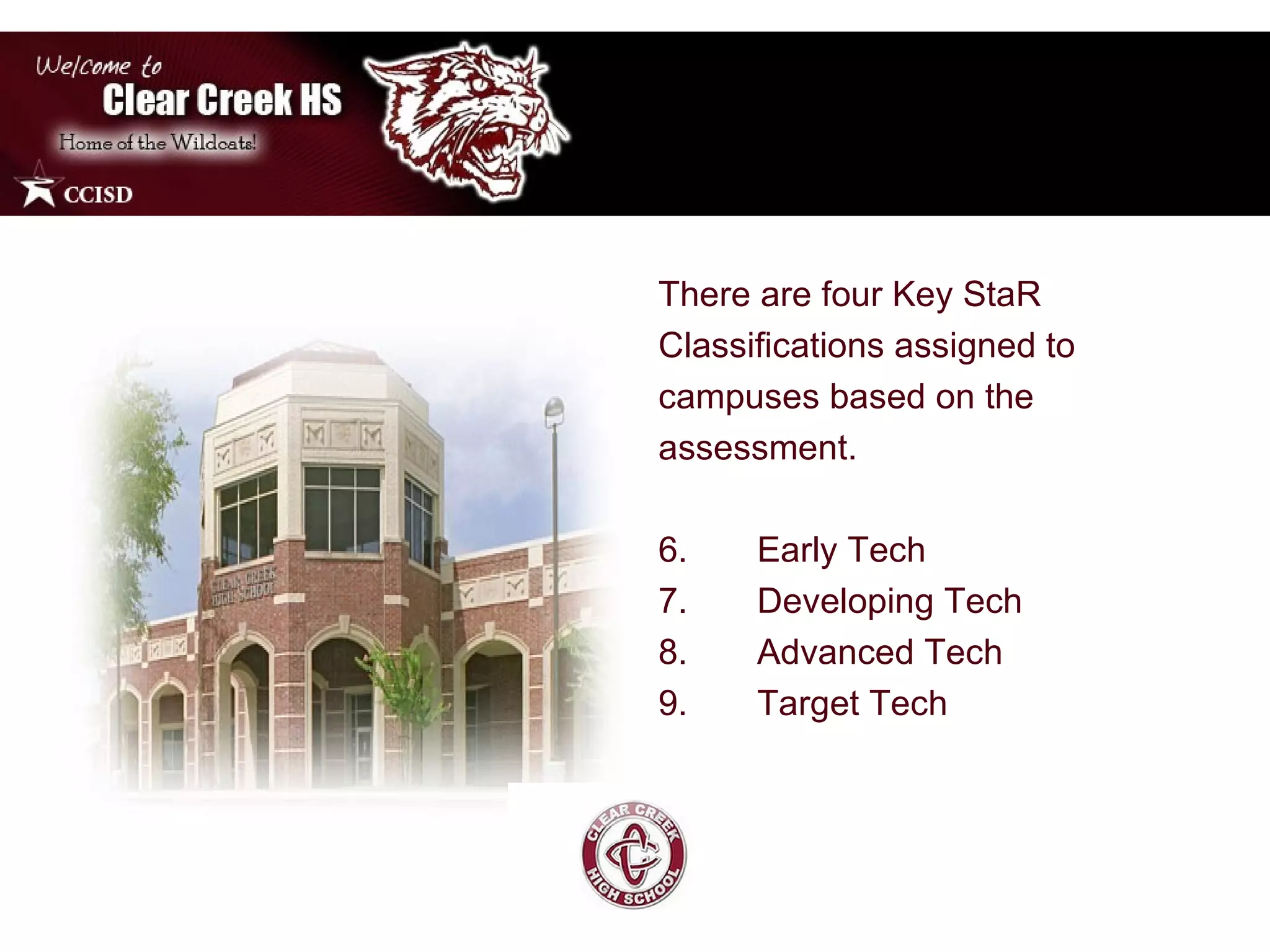 There are four Key StaR Classifications assigned to campuses based on the assessment.  Early Tech Developing Tech Advanced Tech Target Tech  