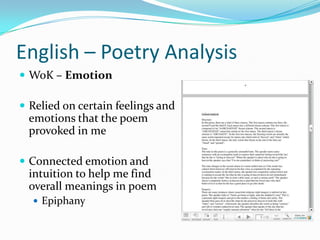 English – Poetry Analysis WoK – Emotion Relied on certain feelings and emotions that the poem provoked in me Connected emotion and intuition to help me find overall meanings in poem Epiphany  