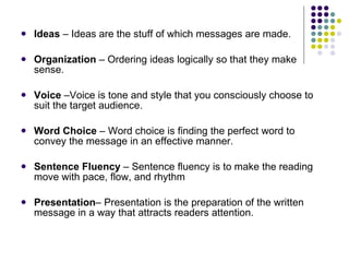 Ideas  – Ideas are the stuff of which messages are made.  Organization  – Ordering ideas logically so that they make sense. Voice  –Voice is tone and style that you consciously choose to suit the target audience.  Word Choice  – Word choice is finding the perfect word to convey the message in an effective manner. Sentence Fluency  – Sentence fluency is to make the reading move with pace, flow, and rhythm Presentation – Presentation is the preparation of the written message in a way that attracts readers attention. 