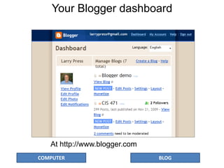 COMPUTER BLOG
Your Blogger dashboard
At http://www.blogger.com
 