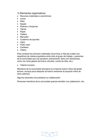 20
15.Elementos organizativos
 Recursos materiales o económicos
 Lanas
 Hilos
 Agujas
 Piedras o chaquiras
 Tijeras
 Papel
 Tablero
 Marcador
 Cuaderno de apuntes
 Lápiz
 Video vean
 Cartelera
 Videos
Para comprar los primeros materiales recurrimos a rifas las cuales nos
repartimos de manera equitativa entre todo el grupo de trabajo, y personas
de la comunidad que nos ayudaron activamente; tanto con donaciones,
como con otros gestos de buena voluntad, (venta de rifas, etc.)
 Talento humano
Miembros de la comunidad educativa (La mayoría fueron niños del grado
tercero, aunque poco después se fueron anexando al proyecto niños de
otros salones)
Algunos docentes nos prestaron su colaboración
Personas miembros de la comunidad quienes también nos colaboraron, etc.
 