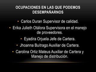 OCUPACIONES EN LAS QUE PODEMOS
           DESEMPAÑARNOS

     • Carlos Duran Supervisor de calidad.
• Erika Julieth Otálora Supervisora en el manejo
                  de proveedores.
      • Eyadira Orjuela Jefe de Cartera.
    • Jhoanna Buitrago Auxiliar de Cartera.
 • Carolina Ortiz Mateus Auxiliar de Cartera y
            Manejo de distribución.
 