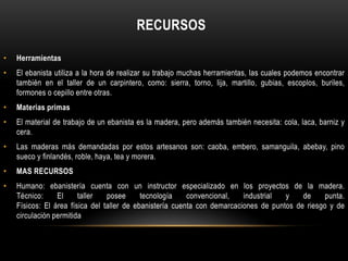 RECURSOS

•   Herramientas
•   El ebanista utiliza a la hora de realizar su trabajo muchas herramientas, las cuales podemos encontrar
    también en el taller de un carpintero, como: sierra, torno, lija, martillo, gubias, escoplos, buriles,
    formones o cepillo entre otras.
•   Materias primas
•   El material de trabajo de un ebanista es la madera, pero además también necesita: cola, laca, barniz y
    cera.
•   Las maderas más demandadas por estos artesanos son: caoba, embero, samanguila, abebay, pino
    sueco y finlandés, roble, haya, tea y morera.
•   MAS RECURSOS
•   Humano: ebanistería cuenta con un instructor especializado en los proyectos de la madera.
    Técnico:     El     taller   posee      tecnología    convencional,   industrial  y    de     punta.
    Físicos: El área física del taller de ebanistería cuenta con demarcaciones de puntos de riesgo y de
    circulación permitida
 