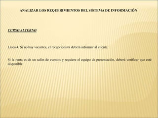ANALIZAR LOS REQUERIMIENTOS DEL SISTEMA DE INFORMACIÓNESPECIFICACIONES DE REQUERIMIENTOS DE SOFTWARELISTA DE REQUERIMIENTOSHOTEL El hotel tiene habitaciones sencillas, dobles y salones de eventos.  El hotel renta sus habitaciones a los clientes.  El hotel requiere los siguientes reportes, realizados por el gerente:  Cuántas habitaciones y salones están ocupados. 
