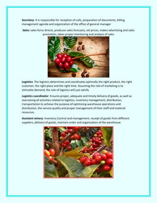 Secretary: It is responsible for reception of calls, preparation of documents, billing,
management agenda and organization of the office of general manager
Sales: sales force directs, produces sales forecasts, set prices, makes advertising and sales
promotion, takes proper monitoring and analysis of sales
Logistics: The logistics determines and coordinates optimally the right product, the right
customer, the right place and the right time. Assuming the role of marketing is to
stimulate demand, the role of logistics will just satisfy.
Logistics coordinator: Ensures proper, adequate and timely delivery of goods, as well as
overseeing all activities related to logistics, inventory management, distribution,
transportation to achieve the purpose of optimizing warehouse operations and
distribution, the service quality and proper management of their staff and material
resources.
Assistant winery: Inventory Control and management, receipt of goods from different
suppliers, delivery of goods, maintain order and organization of the warehouse.
 