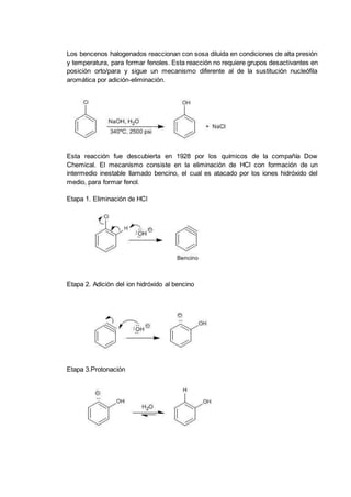 Los bencenos halogenados reaccionan con sosa diluida en condiciones de alta presión
y temperatura, para formar fenoles. Esta reacción no requiere grupos desactivantes en
posición orto/para y sigue un mecanismo diferente al de la sustitución nucleófila
aromática por adición-eliminación.
Esta reacción fue descubierta en 1928 por los químicos de la compañía Dow
Chemical. El mecanismo consiste en la eliminación de HCl con formación de un
intermedio inestable llamado bencino, el cual es atacado por los iones hidróxido del
medio, para formar fenol.
Etapa 1. Eliminación de HCl
Etapa 2. Adición del ion hidróxido al bencino
Etapa 3.Protonación
 