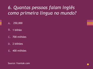 6. Quantas pessoas falam inglês
como primeira língua no mundo?
250,000
1 bilhão
700 milhões
2 bilhões
400 milhões

Source:...