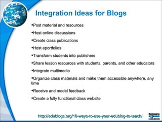 Integration Ideas for Blogs http://edublogs.org/10-ways-to-use-your-edublog-to-teach/   Post material and resources Host online discussions Create class publications Host eportfolios  Transform students into publishers Share lesson resources with students, parents, and other educators Integrate multimedia Organize class materials and make them accessible anywhere, any time Receive and model feedback Create a fully functional class website 