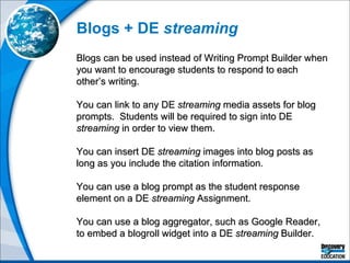 Blogs + DE  streaming Blogs can be used instead of Writing Prompt Builder when you want to encourage students to respond to each other’s writing. You can link to any DE  streaming  media assets for blog prompts.  Students will be required to sign into DE  streaming  in order to view them.  You can insert DE  streaming  images into blog posts as long as you include the citation information.  You can use a blog prompt as the student response element on a DE  streaming  Assignment.  You can use a blog aggregator, such as Google Reader, to embed a blogroll widget into a DE  streaming  Builder. 