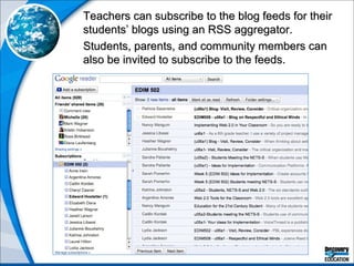 Teachers can subscribe to the blog feeds for their students’ blogs using an RSS aggregator.  Students, parents, and community members can also be invited to subscribe to the feeds. 