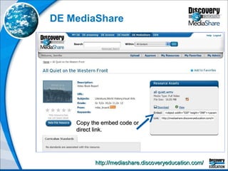 DE MediaShare http://mediashare.discoveryeducation.com/   Copy the embed code or direct link. 