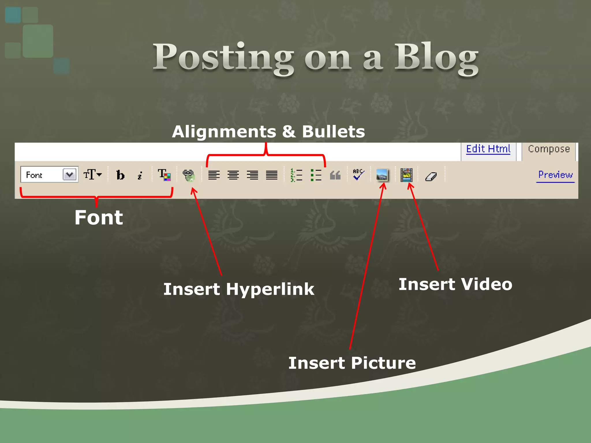 Posting on a BlogAlignments & BulletsFontInsert VideoInsert HyperlinkInsert Picture