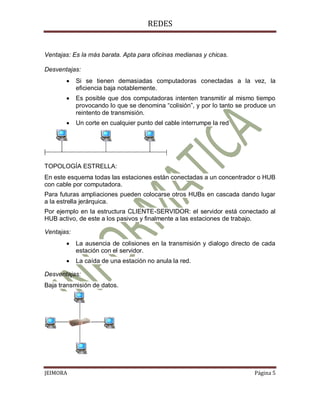 REDES


Ventajas: Es la más barata. Apta para oficinas medianas y chicas.

Desventajas:
           Si se tienen demasiadas computadoras conectadas a la vez, la
            eficiencia baja notablemente.
           Es posible que dos computadoras intenten transmitir al mismo tiempo
            provocando lo que se denomina “colisión”, y por lo tanto se produce un
            reintento de transmisión.
           Un corte en cualquier punto del cable interrumpe la red




TOPOLOGÍA ESTRELLA:
En este esquema todas las estaciones están conectadas a un concentrador o HUB
con cable por computadora.
Para futuras ampliaciones pueden colocarse otros HUBs en cascada dando lugar
a la estrella jerárquica.
Por ejemplo en la estructura CLIENTE-SERVIDOR: el servidor está conectado al
HUB activo, de este a los pasivos y finalmente a las estaciones de trabajo.

Ventajas:
           La ausencia de colisiones en la transmisión y dialogo directo de cada
            estación con el servidor.
           La caída de una estación no anula la red.

Desventajas:
Baja transmisión de datos.




JEIMORA                                                                   Página 5
 