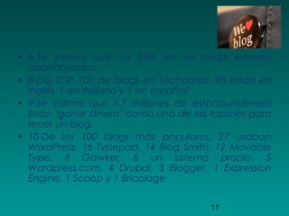11
• 6-Se estima que un 95% de los blogs estarían
abandonados.
• 8-Del TOP 100 de blogs en Techonrati, 98 están en
inglés, 1 en italiano y 1 en español.
• 9-Se estima que 1.7 millones de estadounidenses
listan ‘ganar dinero’ como una de las razones para
tener un blog.
• 10-De los 100 blogs más populares, 27 usaban
WordPress, 16 Typepad, 14 Blog Smith, 12 Movable
Type, 8 Gawker, 8 un sistema propio, 5
Wordpress.com, 4 Drupal, 3 Blogger, 1 Expression
Engine, 1 Scoop y 1 Bricolage
 