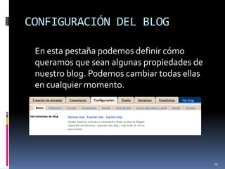 TÍTULO Y DIRECCIÓNEl segundo paso consiste en elegir un nombre o título para nuestro blog, que podremos cambiar más tarde en la configuración del blog, y le asignaremos una dirección de internet, que, muy importante, no podremos cambiar.Es importante elegir con cuidado la dirección de nuestro blog:No puede contener caracteres especiales, tildes, eñes,...Debe ser un nombre corto, descriptivo y fácil de recordar.Debe estar disponible, es decir, que seas el primero en elegirlo. Para comprobar la disponibilidad debes pulsar en el enlace correspondiente.14