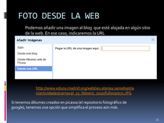 INSERTAR UN HIPERVÍNCULO	Los hipervínculos, o enlaces, son la clave de internet. Podemos poner en nuestra entrada un enlace a cualquier otra de internet. Por ejemplo, vamos a poner un enlace al blog del curso:28