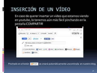BUSCANDO LA FOTO	Podemos añadir una imagen al blog desde nuestro disco duro (o un pen drive) escribir un enlace en el que esté la foto:En primer lugar, subiremos una foto que tengamos almacenada.  Para ello, pinchamos en                                     y la seleccionamos de su ubicación31