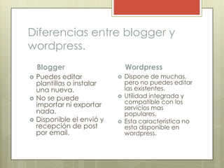 Diferencias entre blogger y wordpress.BloggerPuedes editar plantillas o instalar una nueva.No se puede importar ni exportar nada.Disponible el envió y recepción de post por email.WordpressDispone de muchas, pero no puedes editar las existentes.Utilidad integrada y compatible con los servicios mas populares.Esta característica no esta disponible en wordpress.