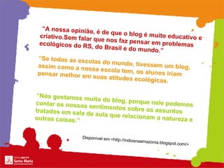 “ A nossa opinião, é de que o blog é muito educativo e criativo.Sem falar que nos faz pensar em problemas ecológicos do RS, do Brasil e do mundo.”  “Se todas as escolas do mundo, tivessem um blog, assim como a nossa escola tem, os alunos iriam pensar melhor em suas atitudes ecológicas. “Nós gostamos muito do blog, porque nele podemos contar os nossos sentimentos sobre os assuntos tratados em sala de aula que relacionam a natureza e outras coisas.”   Disponível em  < http://indiosnaamazonia.blogspot.com/ >   