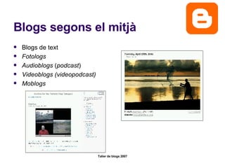 Blogs segons el mitjà Blogs de text Fotologs  Audioblogs  ( podcast )   Videoblogs (videopodcast) Moblogs 