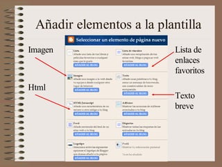 Añadir elementos a la plantilla
Imagen                     Lista de
                           enlaces
                           favoritos
Html
                           Texto
                           breve
 