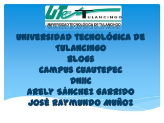 Universidad tecnológica de
        Tulancingo
          Blogs
     Campus Cuautepec
           DN11C
  Arely Sánchez Garrido
  José Raymundo Muñoz
 
