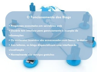 O Funcionamento dos Blogs Programas executados em servidores web Usuário tem interface para gerenciamento e inserção de informações Os conteúdos inseridos são armazenados num banco de dados Aos leitores, os blogs disponibilizam uma interface de visualização  Normalmente são serviços gratuitos 