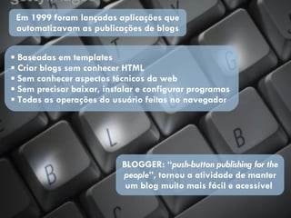 Em 1999 foram lançadas aplicações que automatizavam as publicações de blogs Baseadas em templates Criar blogs sem conhecer HTML Sem conhecer aspectos técnicos da web Sem precisar baixar, instalar e configurar programas Todas as operações do usuário feitas no navegador BLOGGER: “ push-button publishing for the people ”, tornou a atividade de manter um blog muito mais fácil e acessível  