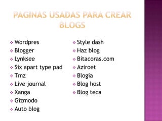  Wordpres              Style dash
 Blogger               Haz blog
 Lynksee               Bitacoras.com
 Six apart type pad    Aziroet
 Tmz                   Blogia
 Live journal          Blog host
 Xanga                 Blog teca
 Gizmodo
 Auto blog
 
