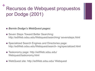 +

Recursos de Webquest propuestos
por Dodge (2001)


Bernie Dodge’s WebQuest pages:



Seven Steps Toward Better Searching:
http://edWeb.sdsu.edu/Webquest/searching/ sevensteps.html



Specialized Search Engines and Directories page:
http://edWeb.sdsu.edu/Webquest/search- ing/specialized.html



Taskonomy page: http://edWeb.sdsu.edu/
Webquest/taskonomy.html



WebQuest site: http://edWeb.sdsu.edu/ Webquest

 