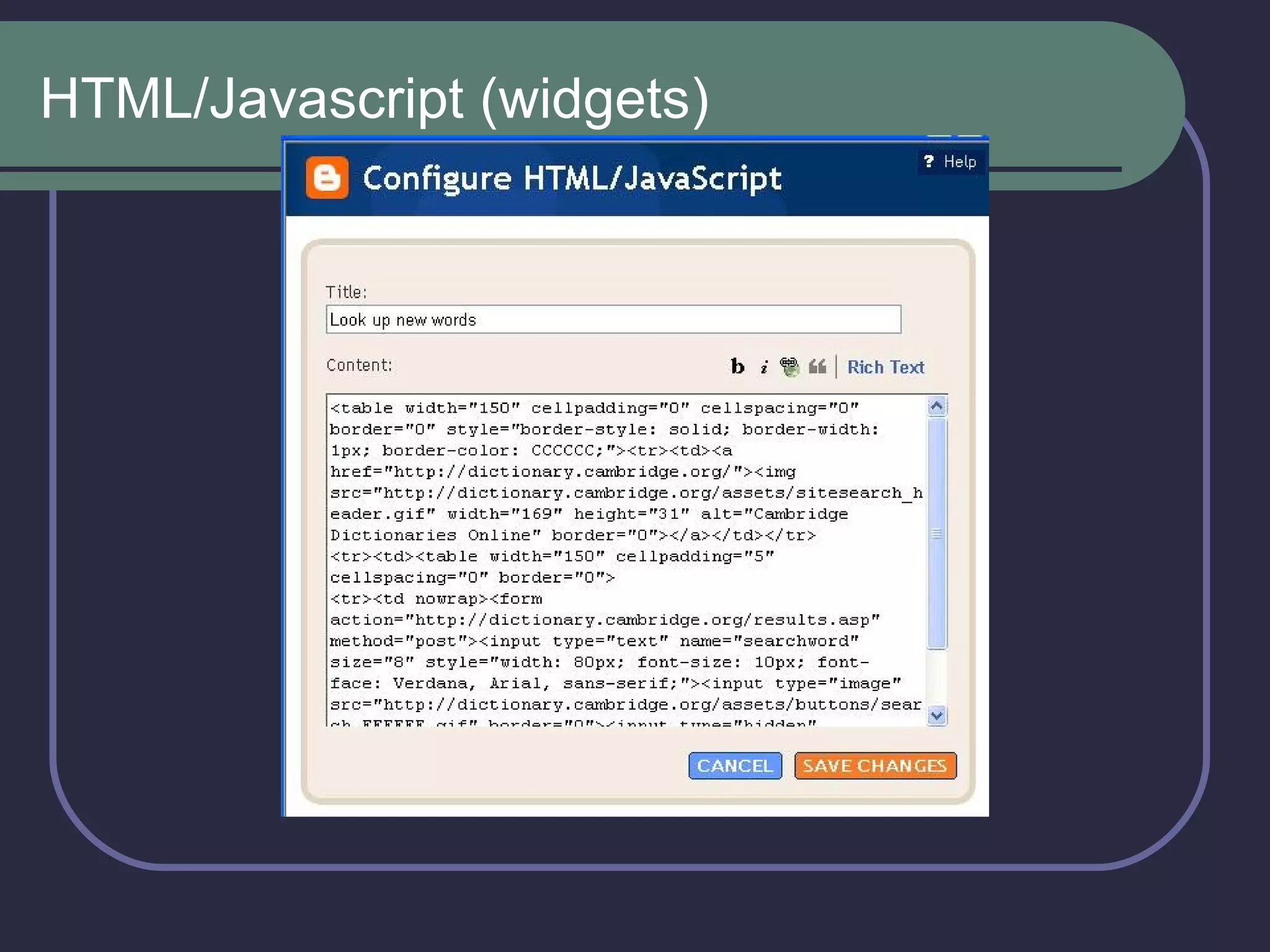 HTML/Javascript (widgets) 
