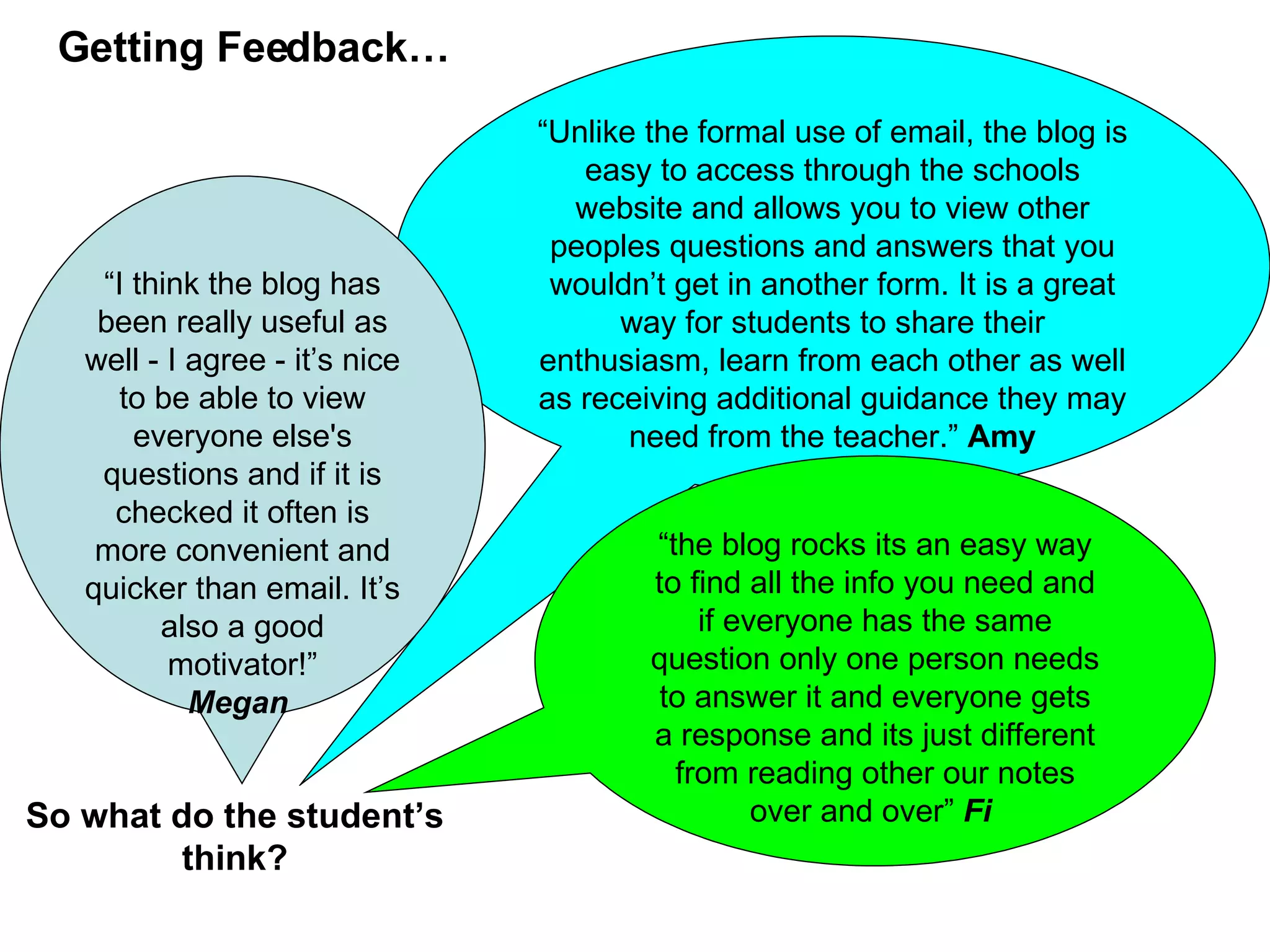 “ Unlike the formal use of email, the blog is easy to access through the schools website and allows you to view other peoples questions and answers that you wouldn’t get in another form. It is a great way for students to share their enthusiasm, learn from each other as well as receiving additional guidance they may need from the teacher.”  Amy “ I think the blog has been really useful as well - I agree - it’s nice to be able to view everyone else's questions and if it is checked it often is more convenient and quicker than email. It’s also a good motivator!” Megan   Getting Feedback… So what do the student’s think? “ the blog rocks its an easy way to find all the info you need and if everyone has the same question only one person needs to answer it and everyone gets a response and its just different from reading other our notes over and over”  Fi   