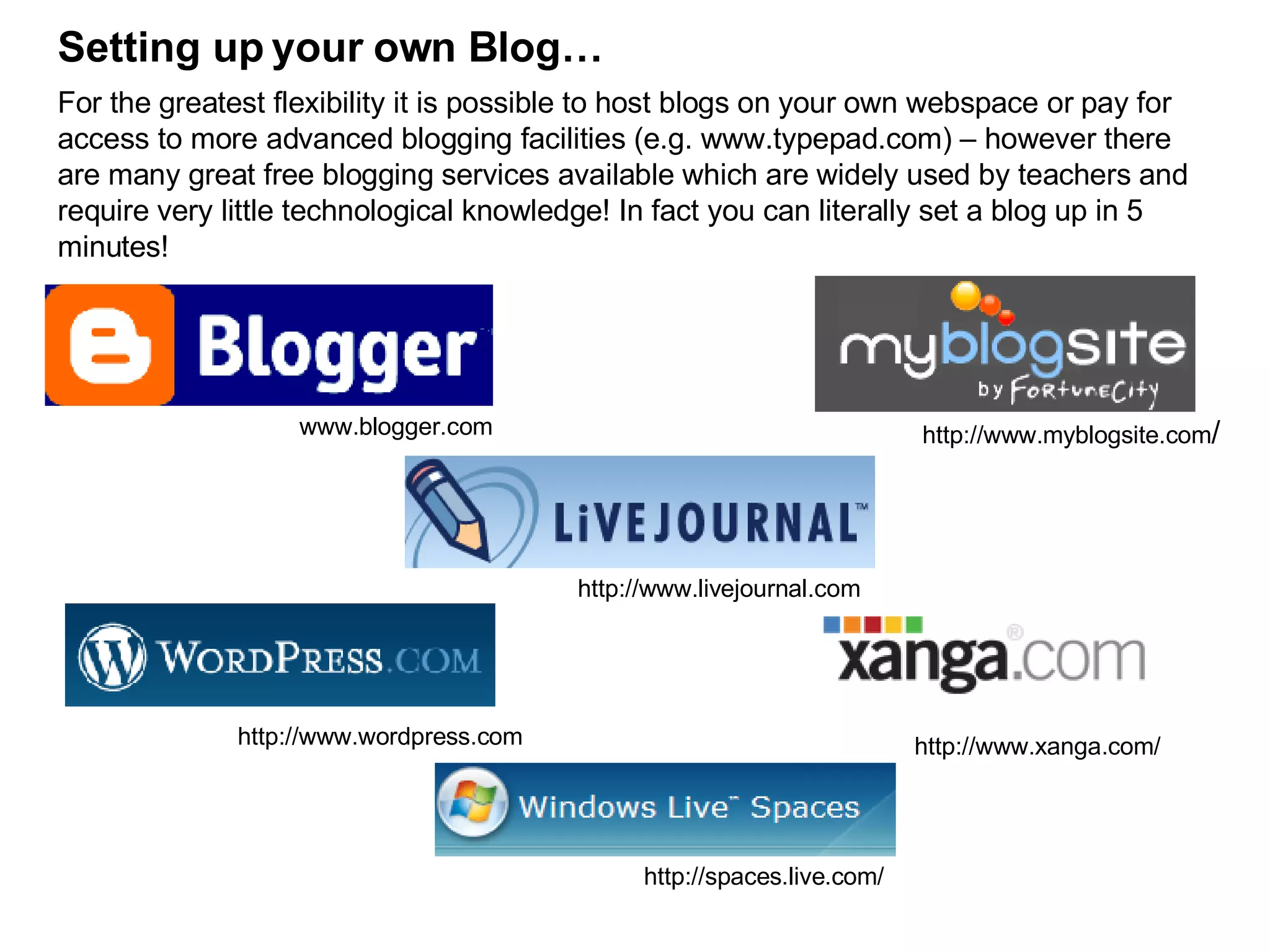 Setting up your own Blog… For the greatest flexibility it is possible to host blogs on your own webspace or pay for access to more advanced blogging facilities (e.g. www.typepad.com) – however there are many great free blogging services available which are widely used by teachers and require very little technological knowledge! In fact you can literally set a blog up in 5 minutes! http://www.xanga.com/ http://www.wordpress.com http://www.livejournal.com www.blogger.com http://www.myblogsite.com / http://spaces.live.com/ 