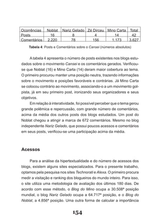 Ocorrências    Noblat    Nariz Gelado Zé Dirceu Mino Carta Total
Posts           16             8          4        14       42
Comentários    2.220          78         156      1.173    3.627
    Tabela 4: Posts e Comentários sobre o Cansei (números absolutos)


     A tabela 4 apresenta o número de posts existentes nos blogs estu­
dados sobre o movimento Cansei e os comentários gerados. Verificou­
se que Noblat (16) e Mino Carta (14) deram maior cobertura ao tema.
O primeiro procurou manter uma posição neutra, trazendo informações
sobre o movimento e posições favoráveis e contrárias. Já Mino Carta
se colocou contrário ao movimento, associando­o a um movimento gol­
pista, já em seu primeiro post, ironizando seus organizadores e seus
objetivos.
     Em relação à interatividade, foi possível perceber que o tema gerou
grande polêmica e repercussão, com grande número de comentários,
acima da média dos outros posts dos blogs estudados. Um post do
Noblat chegou a atingir a marca de 672 comentários. Mesmo no blog
independente Nariz Gelado, que possui poucos acessos e comentários
em seus posts, verificou­se uma participação acima da média.



Acessos

      Para a análise da hipertextualidade e do número de acessos dos
blogs, existem alguns sites especializados. Para o presente trabalho,
optamos pela pesquisa nos sites Technorati e Alexa. O primeiro procura
medir a visitação e ranking dos blogueiros do mundo inteiro. Para isso,
o site utiliza uma metodologia de avaliação dos últimos 180 dias. De
acordo com esse método, o Blog do Mino ocupa a 30.508ª posição
mundial, o blog Nariz Gelado ocupa a 64.717ª posição, e o Blog do
Noblat, a 4.856ª posição. Uma outra forma de calcular a importância


                               154
 