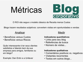 Métricas O ROI não segue o modelo clássico de Receita menos Custos Blogs trazem resultados subjetivos: convertem visitas em oportunidades e vendas Analisar Medir Benefícios versus Custos Benefícios versus Riscos Quão interessante é ter seus clientes satisfeitos e falando bem da sua empresa para amigos, familiares ou em blogs? Exemplo: Dan Entin e a Unilever Indicadores quantitativos Links para seu blog Referências de busca Número de visitas... Indicadores qualitativos Comentários positivos vs. negativos Visitantes recorrentes Textos em outros blogs... 