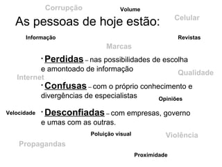 As pessoas de hoje estão: Perdidas  –  nas possibilidades de escolha e amontoado de informação Confusas  –  com o próprio conhecimento e divergências de especialistas Desconfiadas  –  com empresas, governo e umas com as outras. Internet Poluição visual Informação Corrupção Revistas Proximidade Velocidade Propagandas Violência Marcas Qualidade Opiniões Celular Volume 