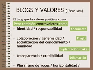 BLOGS Y VALORES  ( Tíscar Lara ) El blog  aporta valores  positivos como:  identidad / responsabilidad colaboración / generosidad / socialización del conocimiento / humildad  transparencia / credibilidad  Pluralismo de voces / horizontalidad / Pero también  contravalores  como Anonimato Plagio Suplantación (Fake) Difamación 