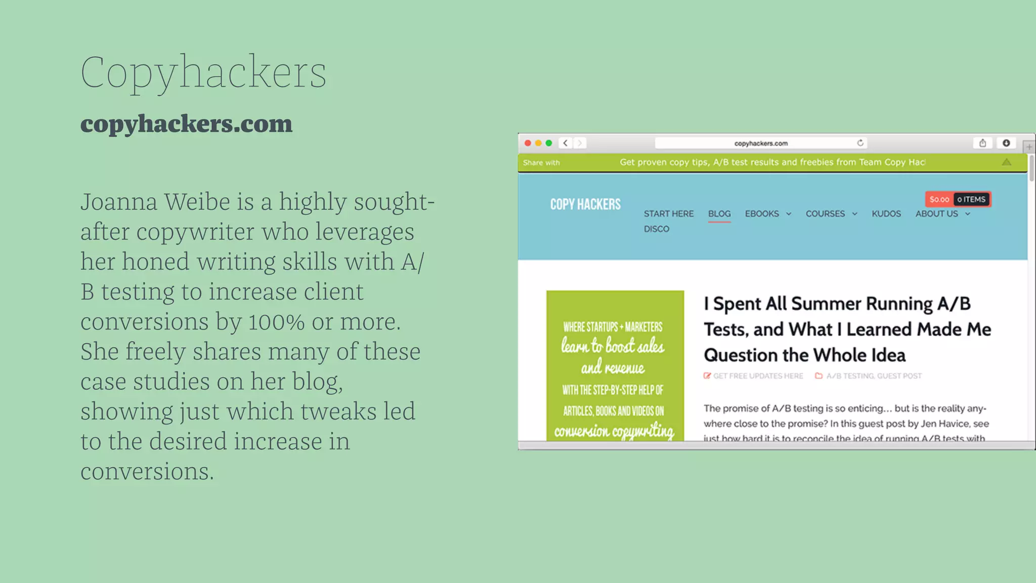 Copyhackers 
copyhackers.com 
Joanna Weibe is a highly sought-after 
copywriter who leverages 
her honed writing skills with A/ 
B testing to increase client 
conversions by 100% or more. 
She freely shares many of these 
case studies on her blog, 
showing just which tweaks led 
to the desired increase in 
conversions. 
 